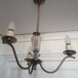 Chandelier 1950, 1960 3 lights gold metal and glass