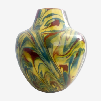 Vase en céramique marbrée marron jaune et vert