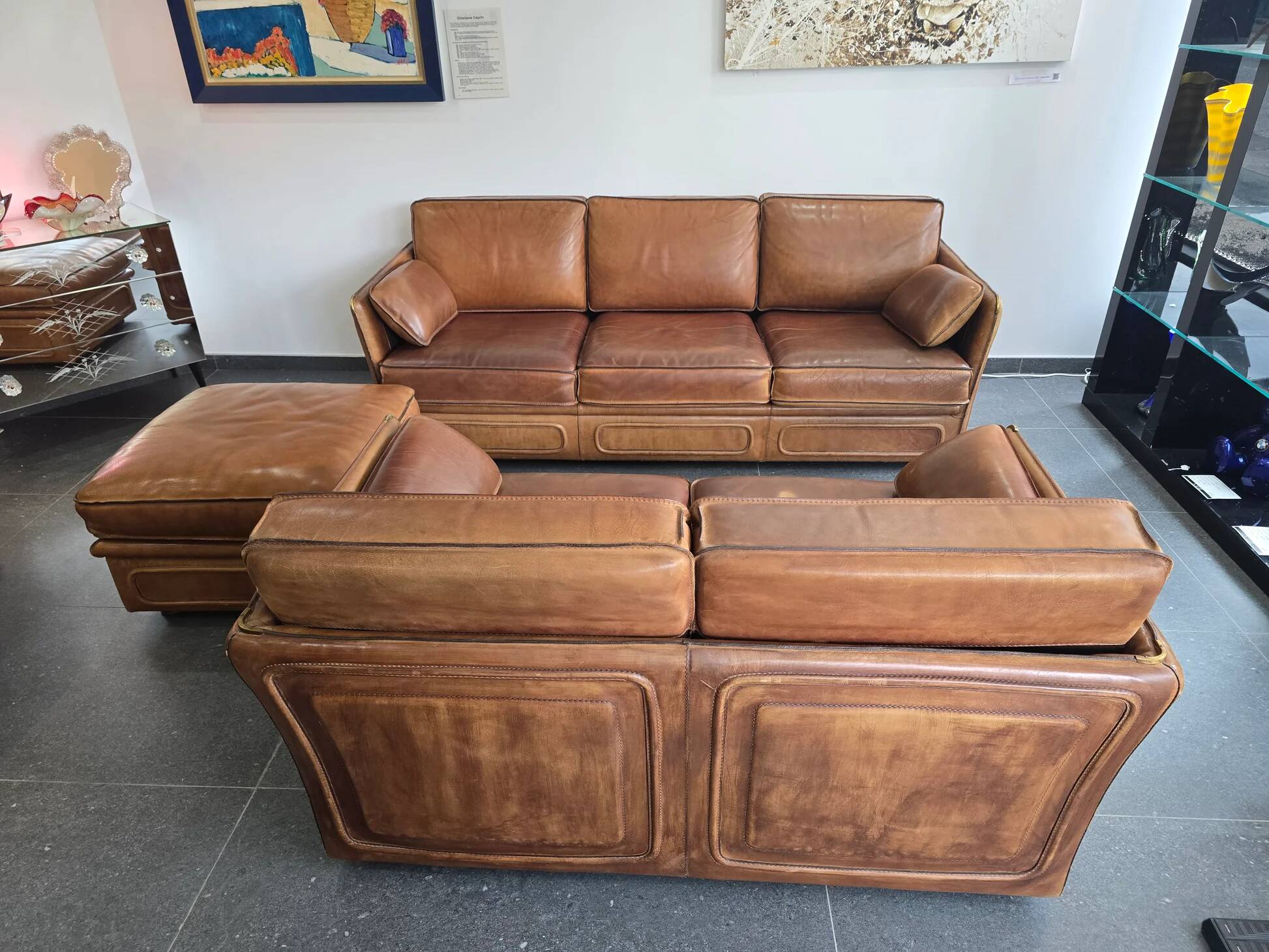 Roche Bobois vintage lounge from the 80s – cognac buffalo leather – 2 sofas + pouf