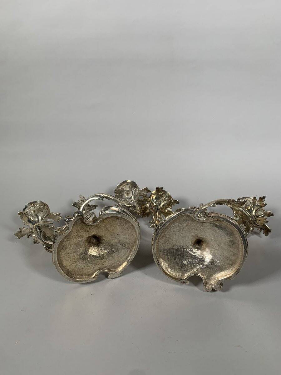Pair of Rococo Style Candelabra in Silvered Bronze, 19th Century