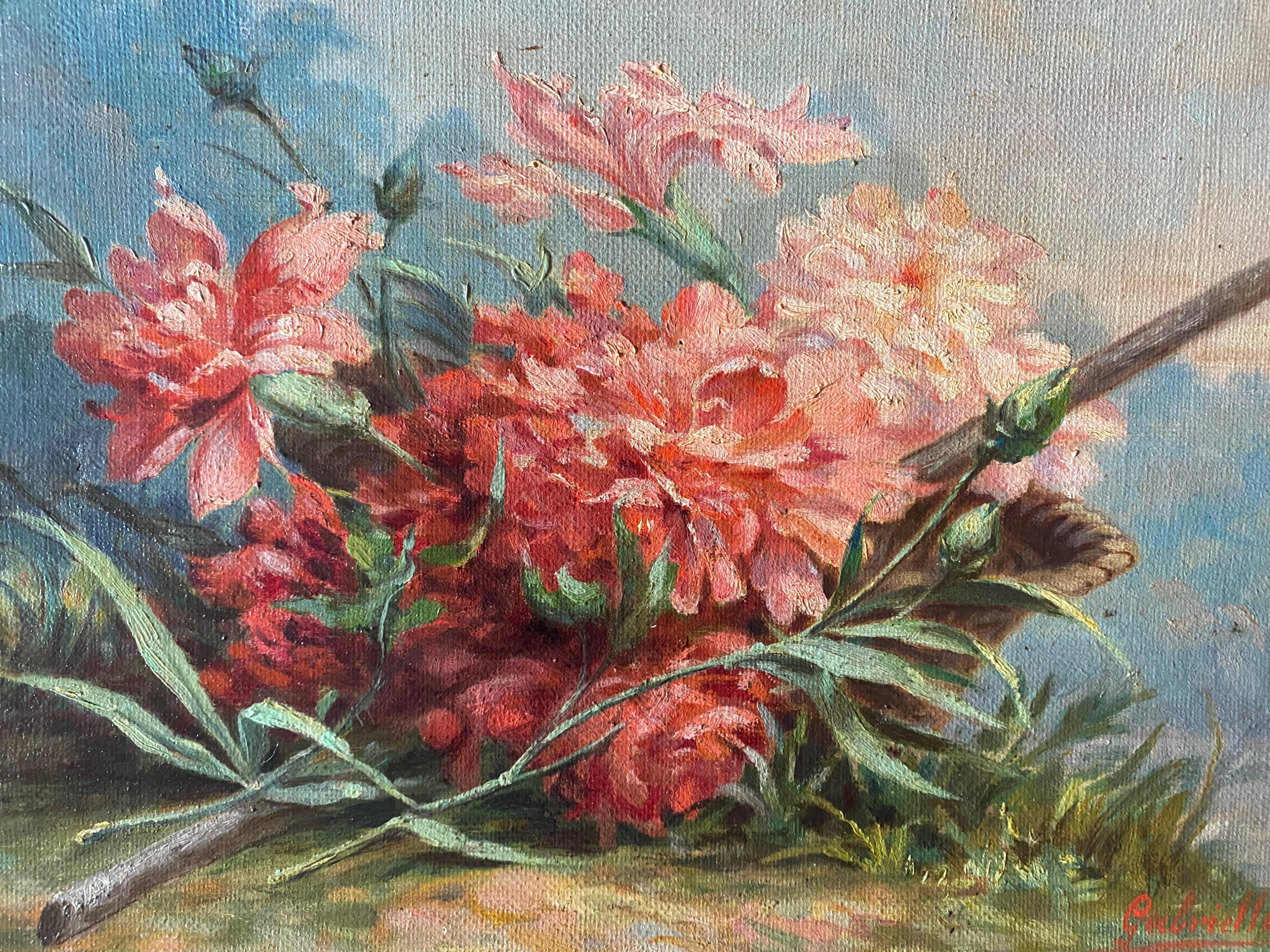 Painting 1900 Bouquet of flowers Carnations in the garden HST signed Gabrielle V.