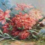 Painting 1900 Bouquet of flowers Carnations in the garden HST signed Gabrielle V.