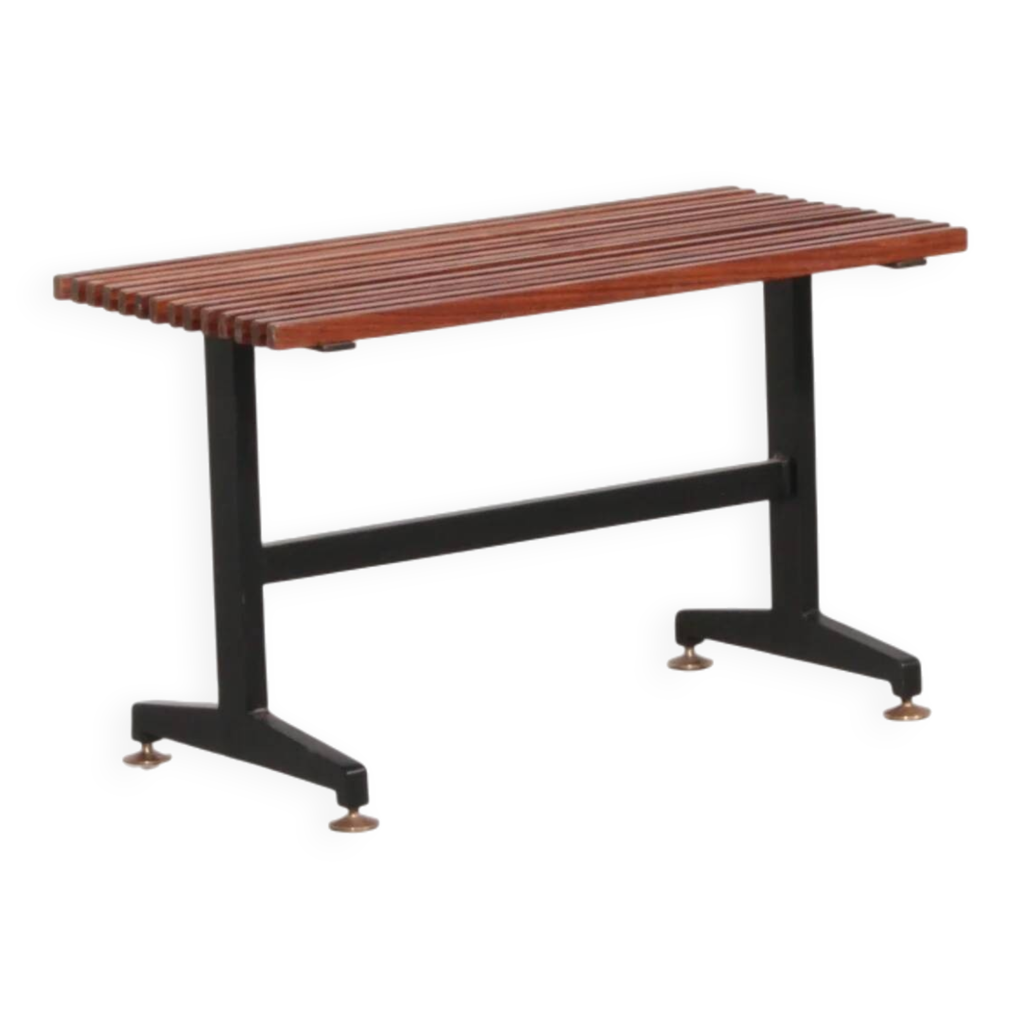 Mid-century Italian bench 1960s with black metal frame, gilded brass legs and solid teak slats