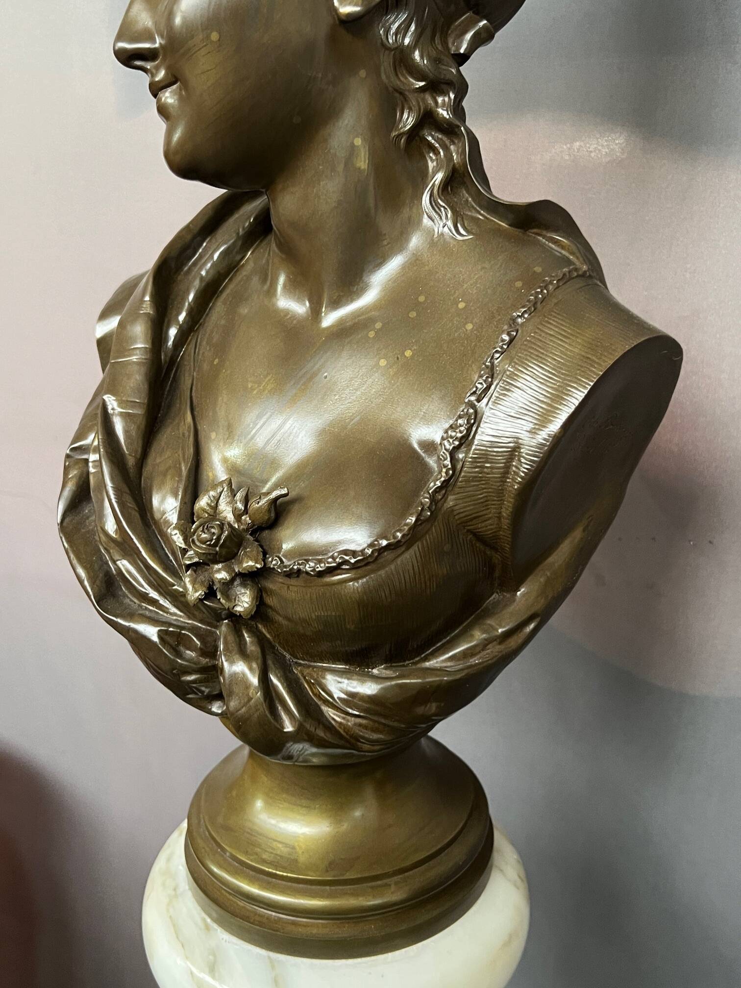 Léopold Harzé (1831–1893). Bronze bust of a young woman on a marble base. Belgium. Dated 1878.