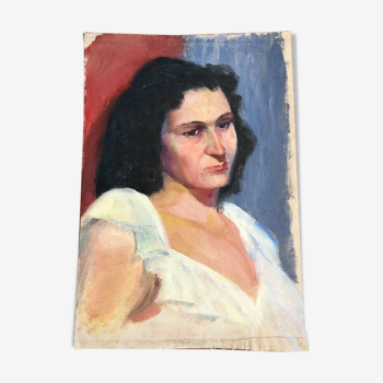 Tableau peinture huile sur toile portrait femme début XXeme