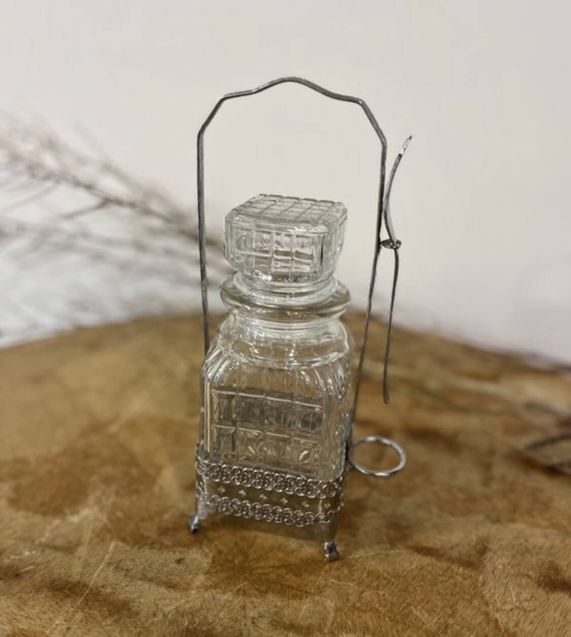 Serving set / condiment pot - crystal glass and chiseled iron