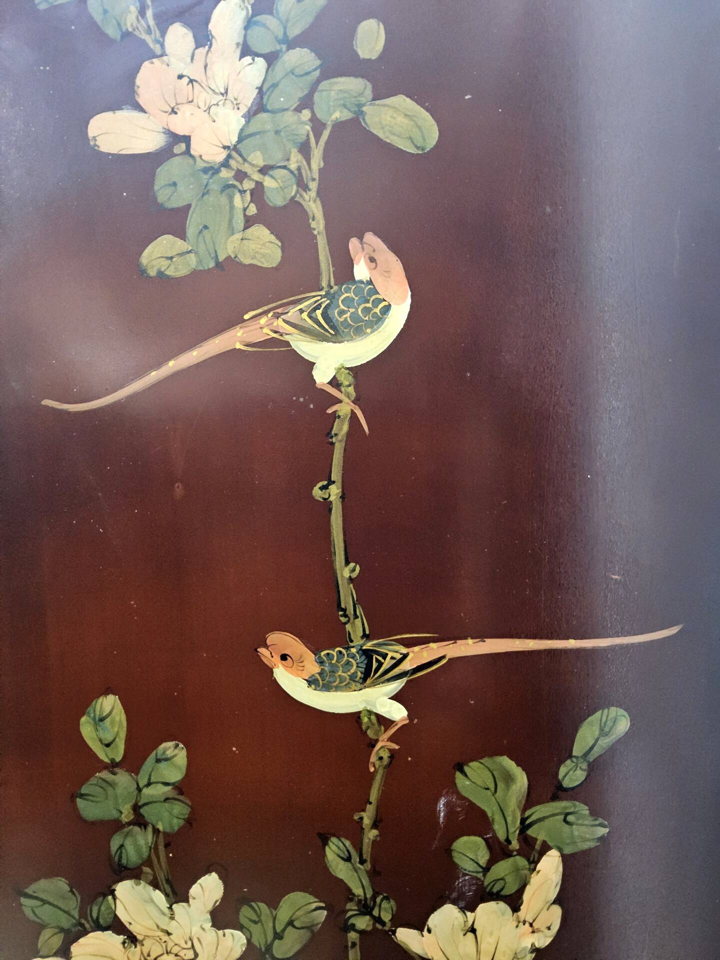 Vintage Chinese red and gold cabinet with flowers and birds (lacquer cabinet)