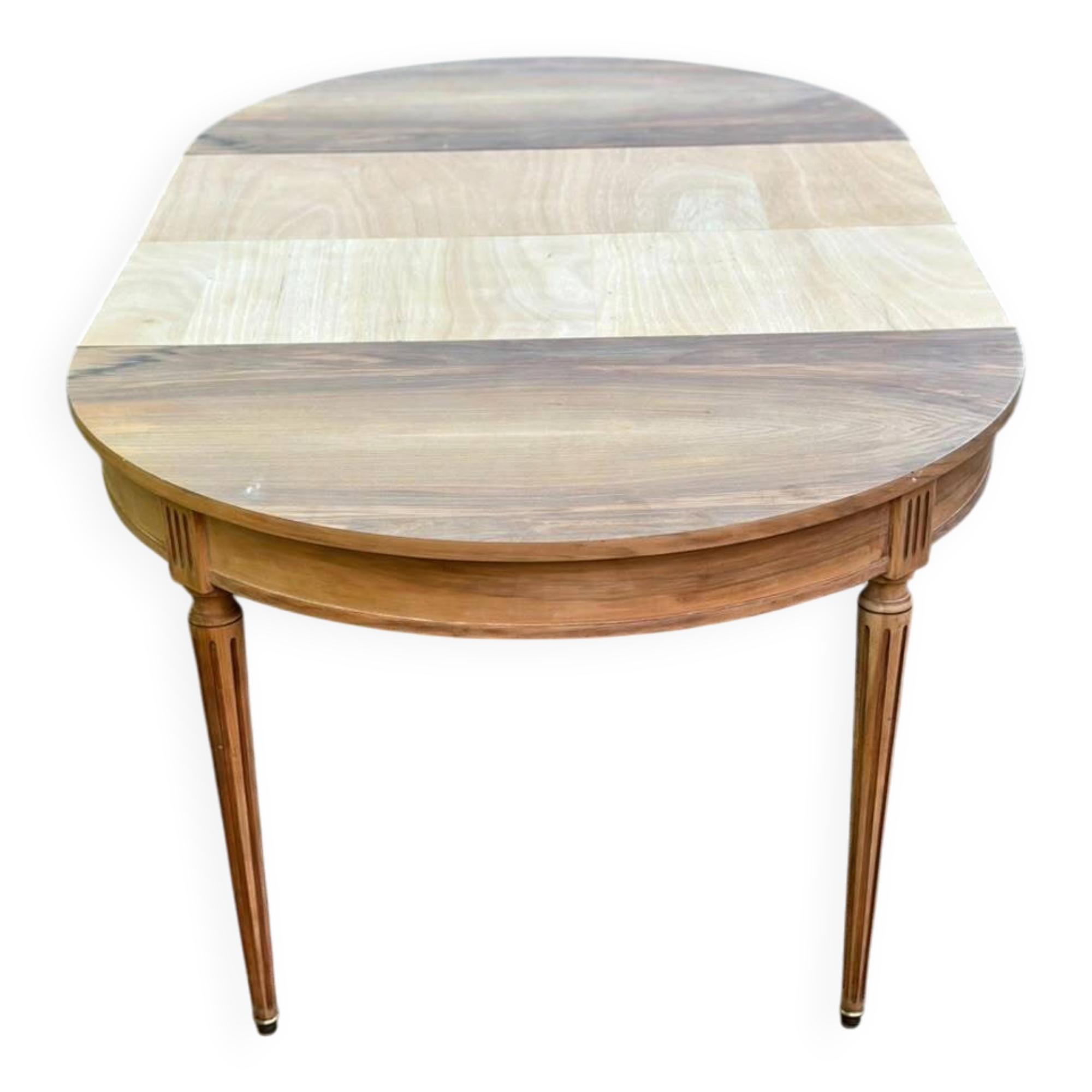 Round extendable dining table Louis XVI stripped in walnut 1960 190cm
