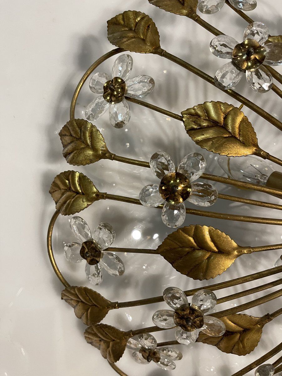 Italian gold gilded tole crystal flower flush mount, 1960s