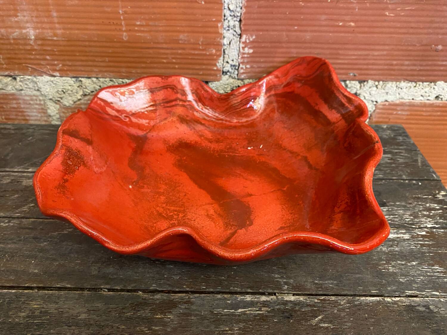 Vintage Red Ceramic Decorative Coupe Plate #D849