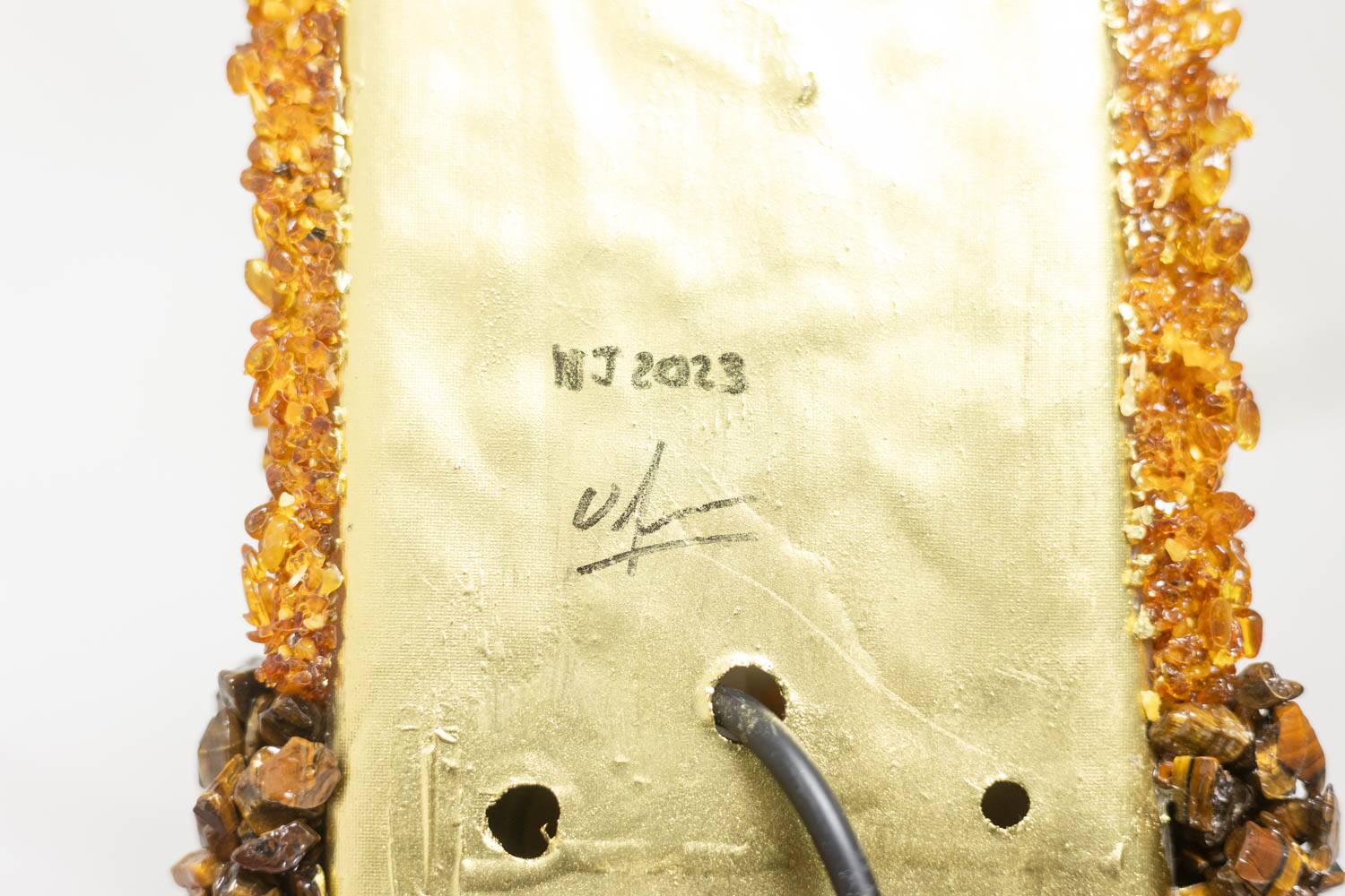 Pair of "Honey" wall lights in amazonite and amber. Contemporary work.