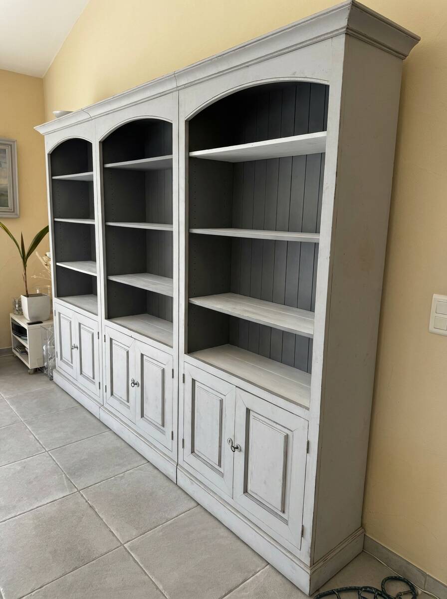Wooden library, lacquered, grey, patinated, moulded