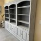 Wooden library, lacquered, grey, patinated, moulded
