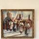 Huile « procession sicilienne « 1960, cadre bois et vitre