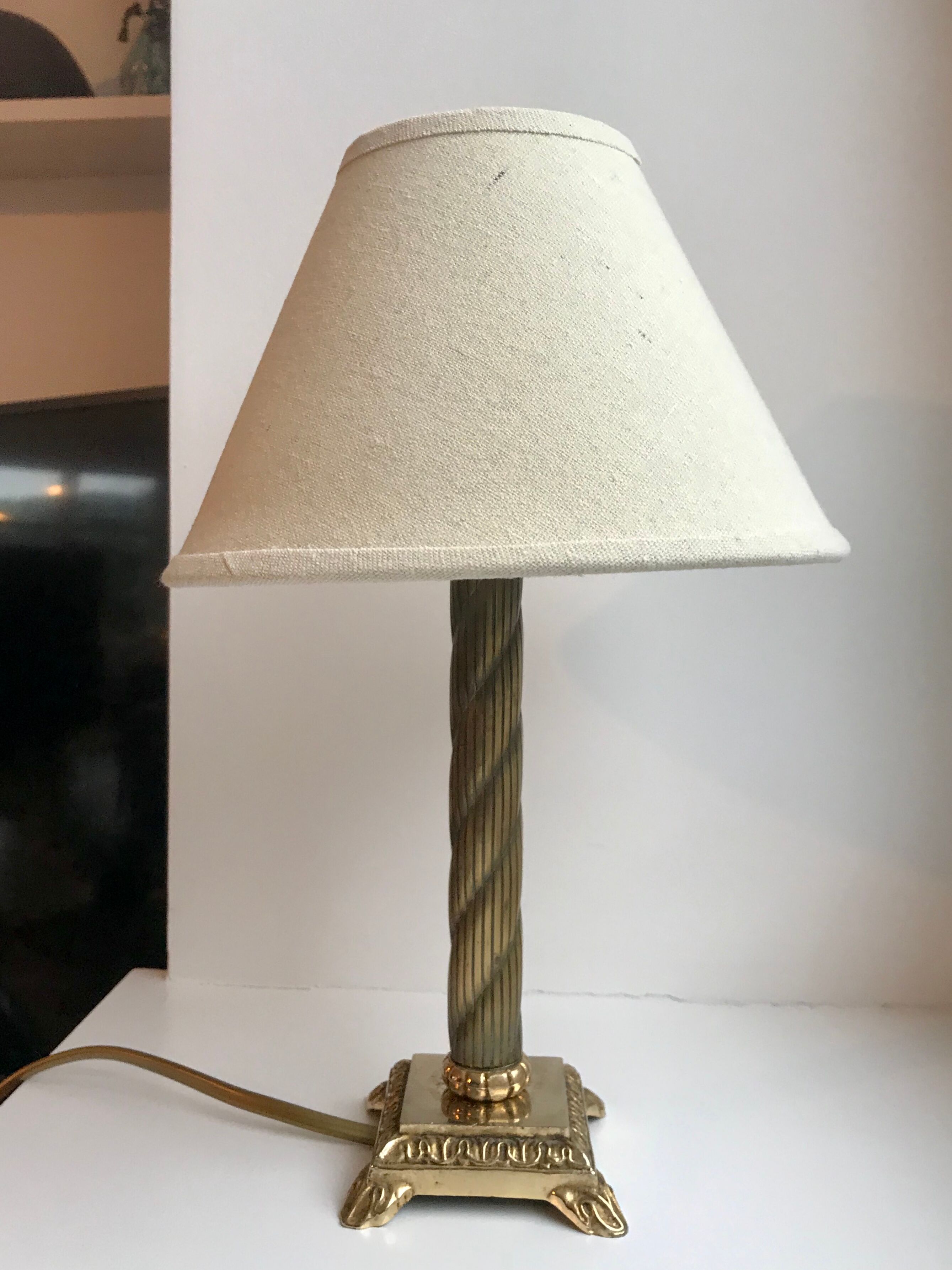 Brass table lamp and linen lampshade 50s
