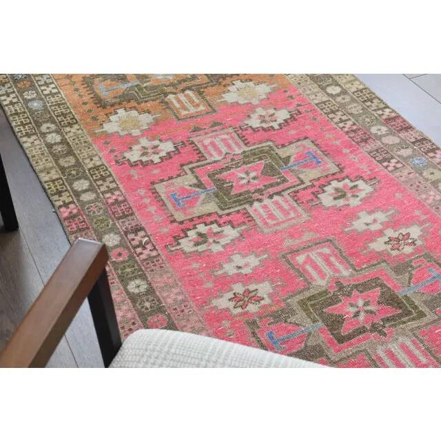 Vintage Turkish Oushak Handmade Wool Cotton Pink Runner Rug 96x242