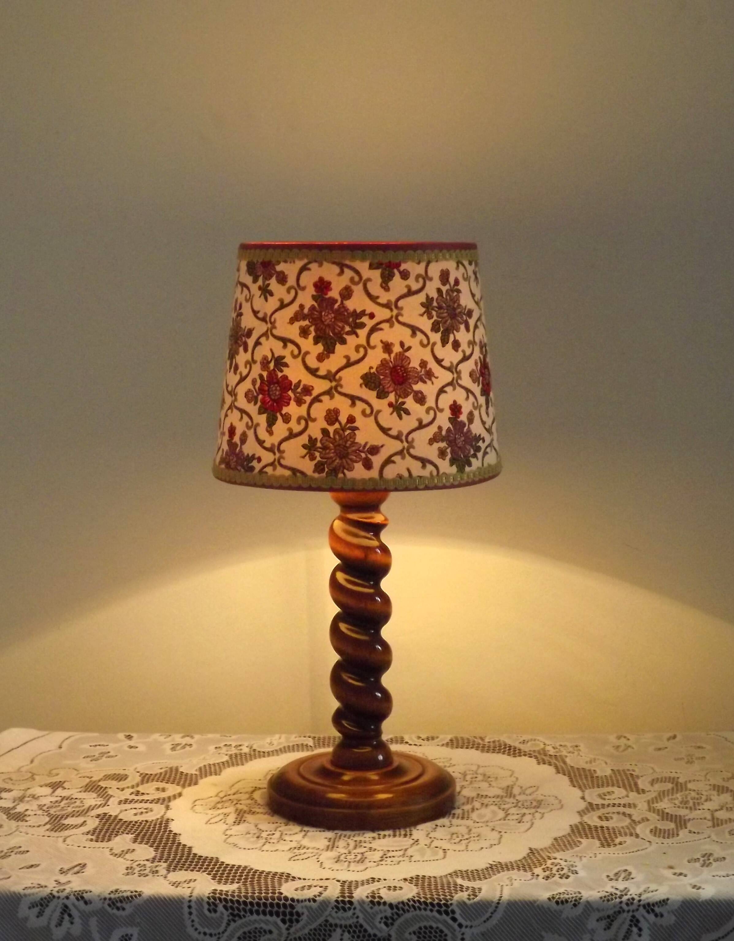 French Vintage Round Wooden Barley Twist Table Lamp With Floral Shade