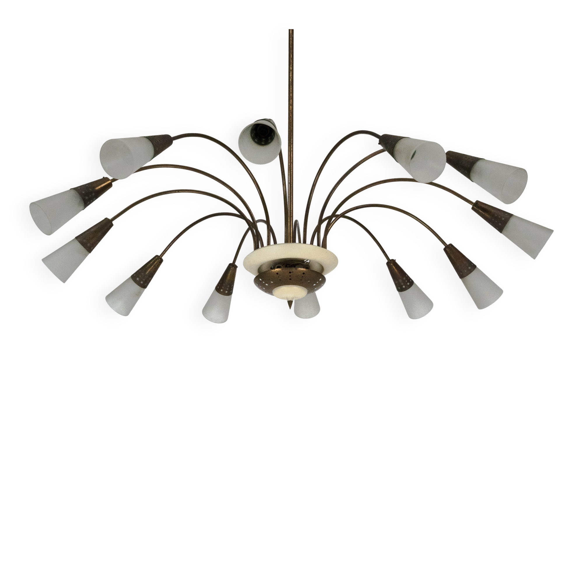 Large Italian Mid-Century Sputnik Brass Chandelier with Satin Glass, 1950s