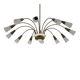 Large Italian Mid-Century Sputnik Brass Chandelier with Satin Glass, 1950s
