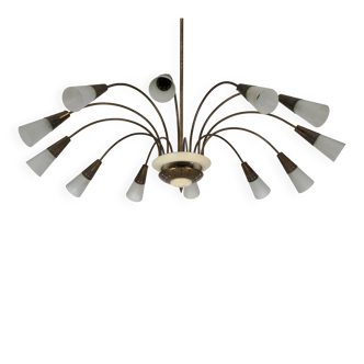 Large Italian Mid-Century Sputnik Brass Chandelier with Satin Glass, 1950s