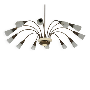 Large Italian Mid-Century Sputnik Brass Chandelier with Satin Glass, 1950s