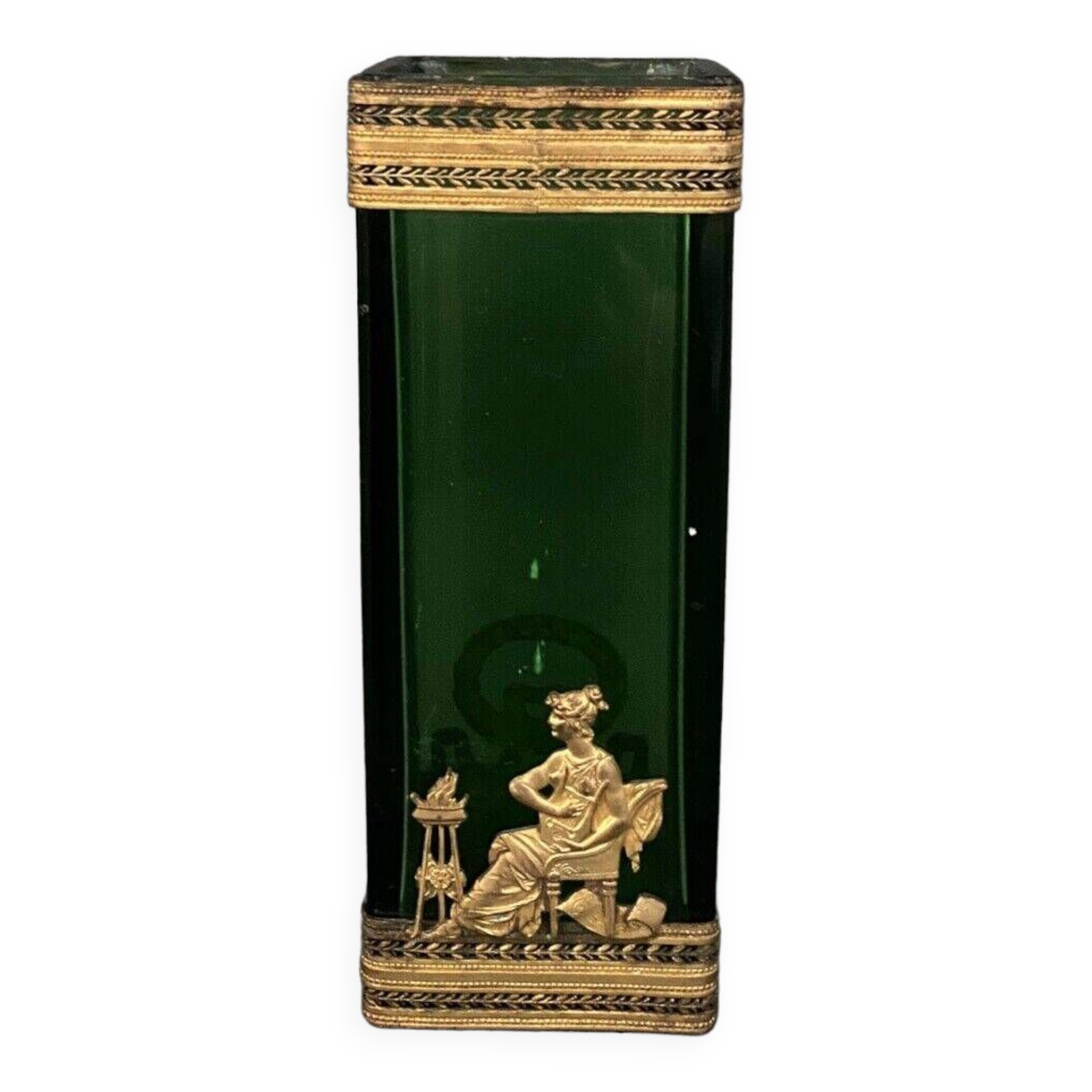 Vase 1900, glass base, bronze enclosure, antique decor