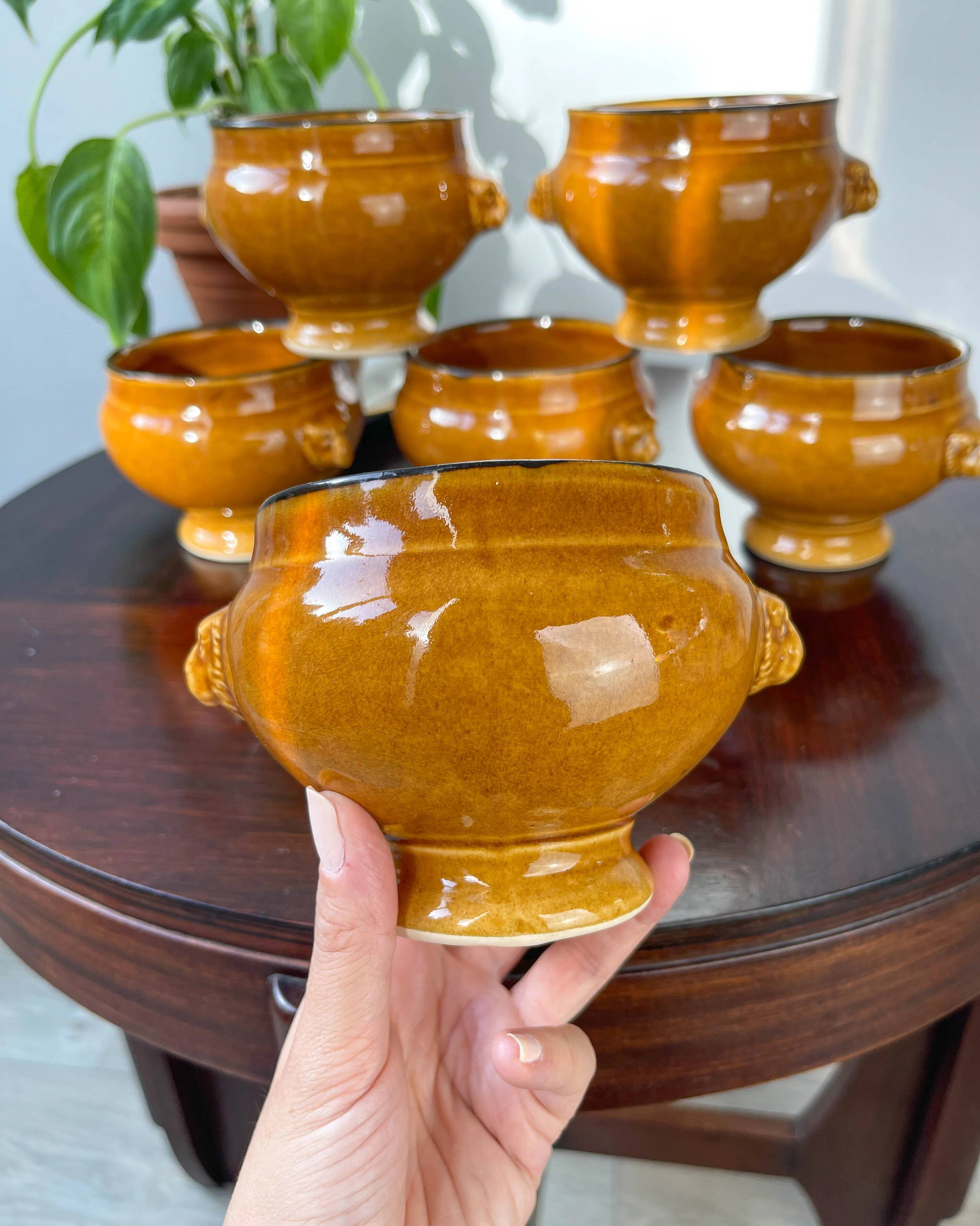 6 onion soup bowls in ochre glazed stoneware by Emile Henry