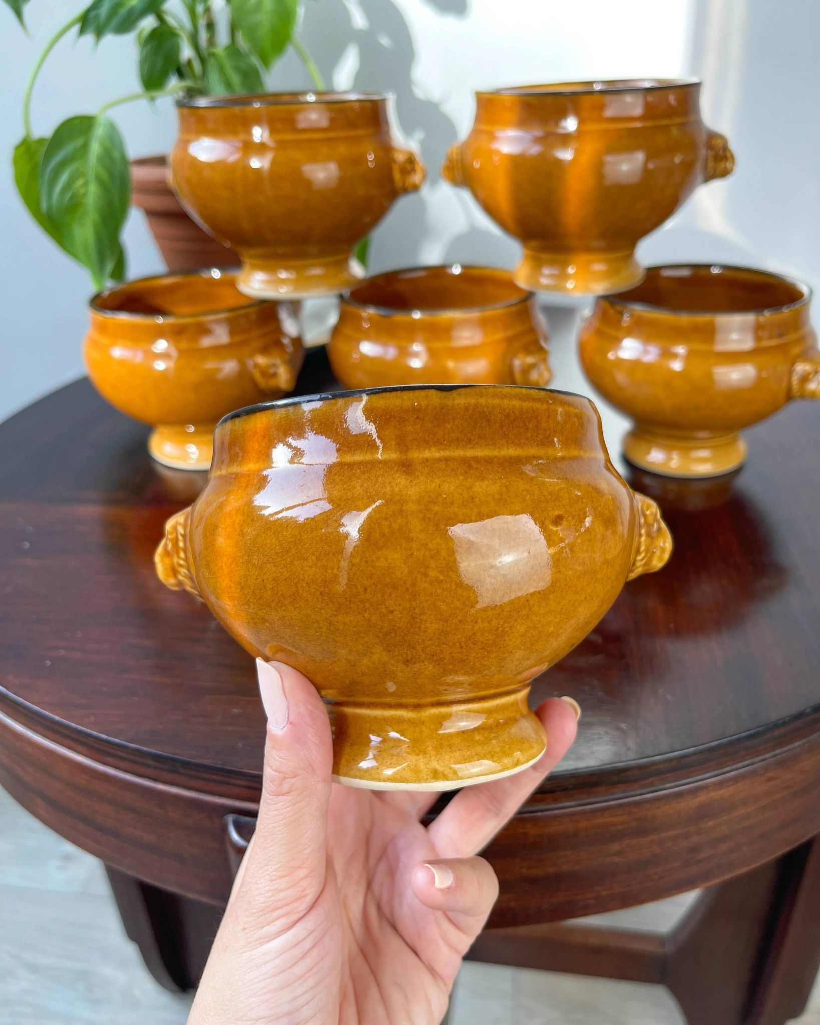6 onion soup bowls in ochre glazed stoneware by Emile Henry