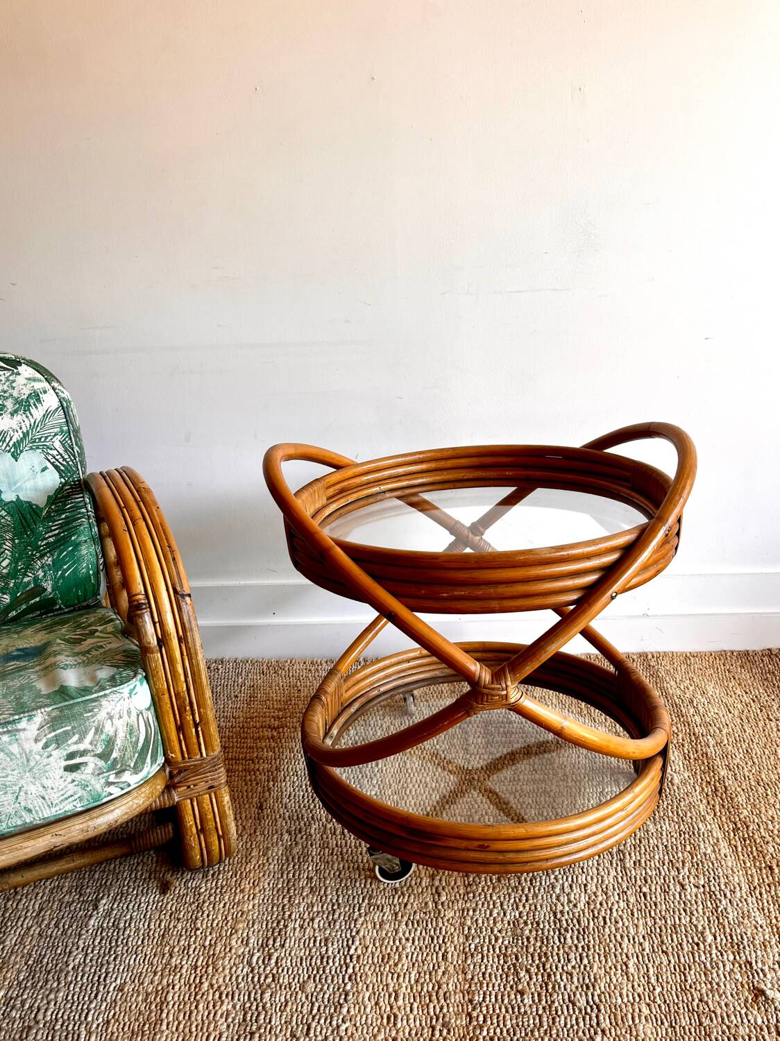 Chariot à dessert en rotin et bambou style Mid Century