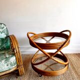 Chariot à dessert en rotin et bambou style Mid Century
