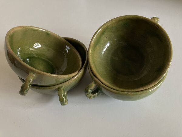 4 bols à anse en terre vernissée verte de Biot, 1960