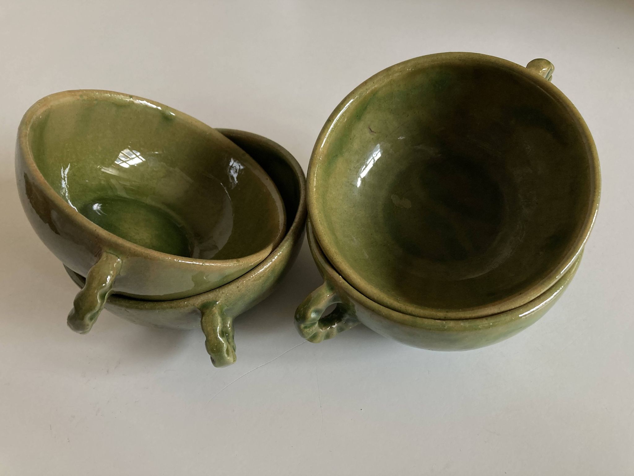 4 green glazed earthenware bowls with handles from Biot, 1960