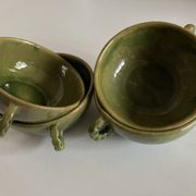 4 green glazed earthenware bowls with handles from Biot, 1960