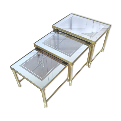 Tables gigogne laiton verre fumé et miroir