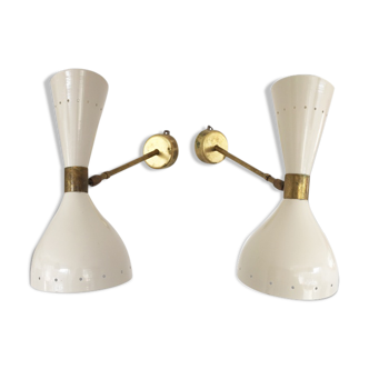 Paire d'appliques blanches et laiton de design 1950