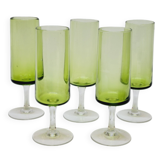 5 Green Blown Glass Champagne Flutes