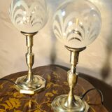 pair of brass bedside lamps and glass ball 32x160