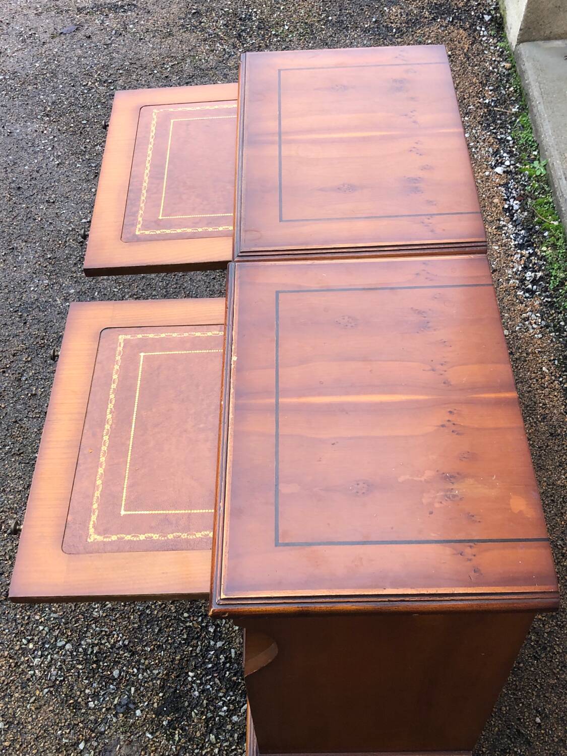 2 old wooden bedside tables with leather top