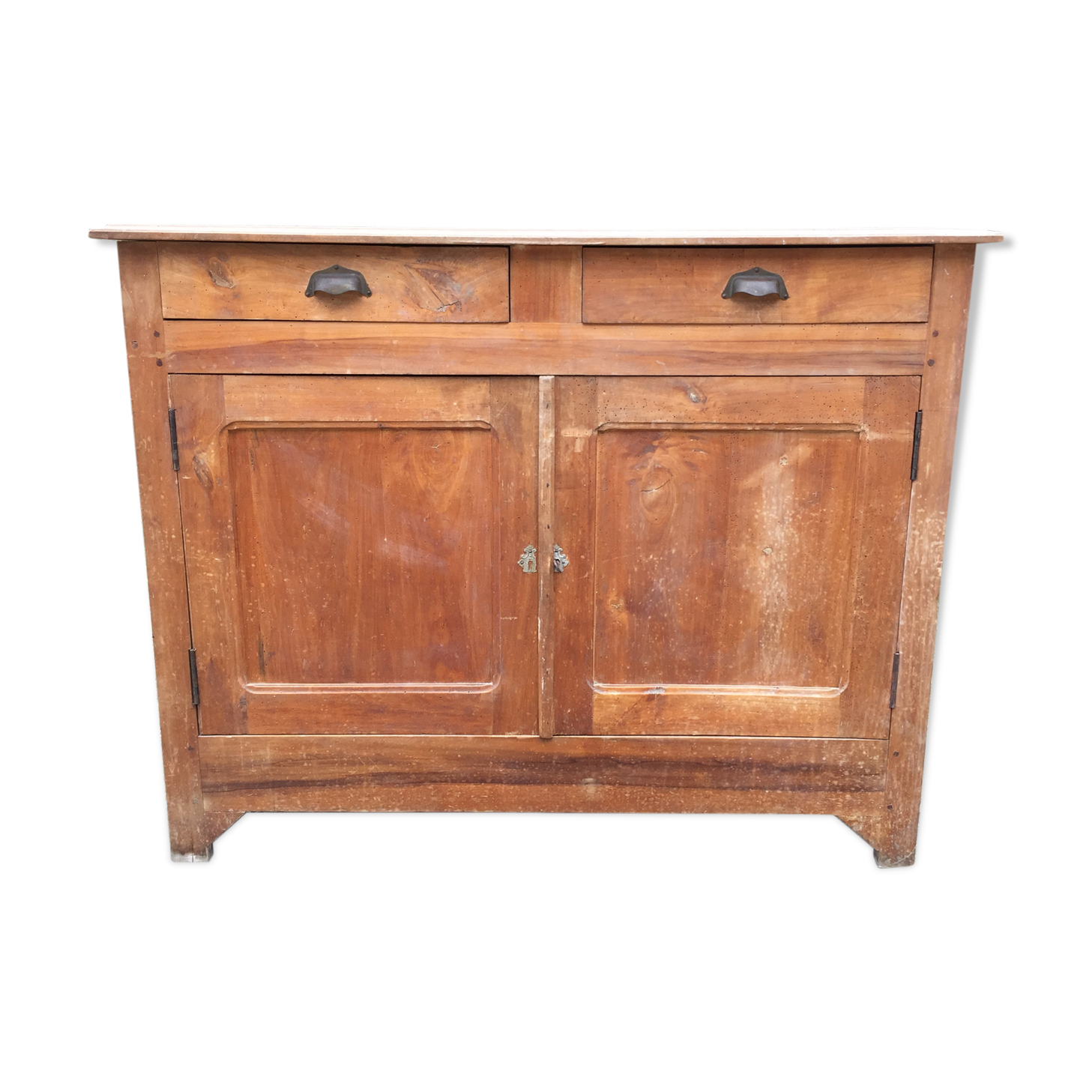 Buffet vintage parisien en bois de peuplier à 2 portes et 2 tiroirs.