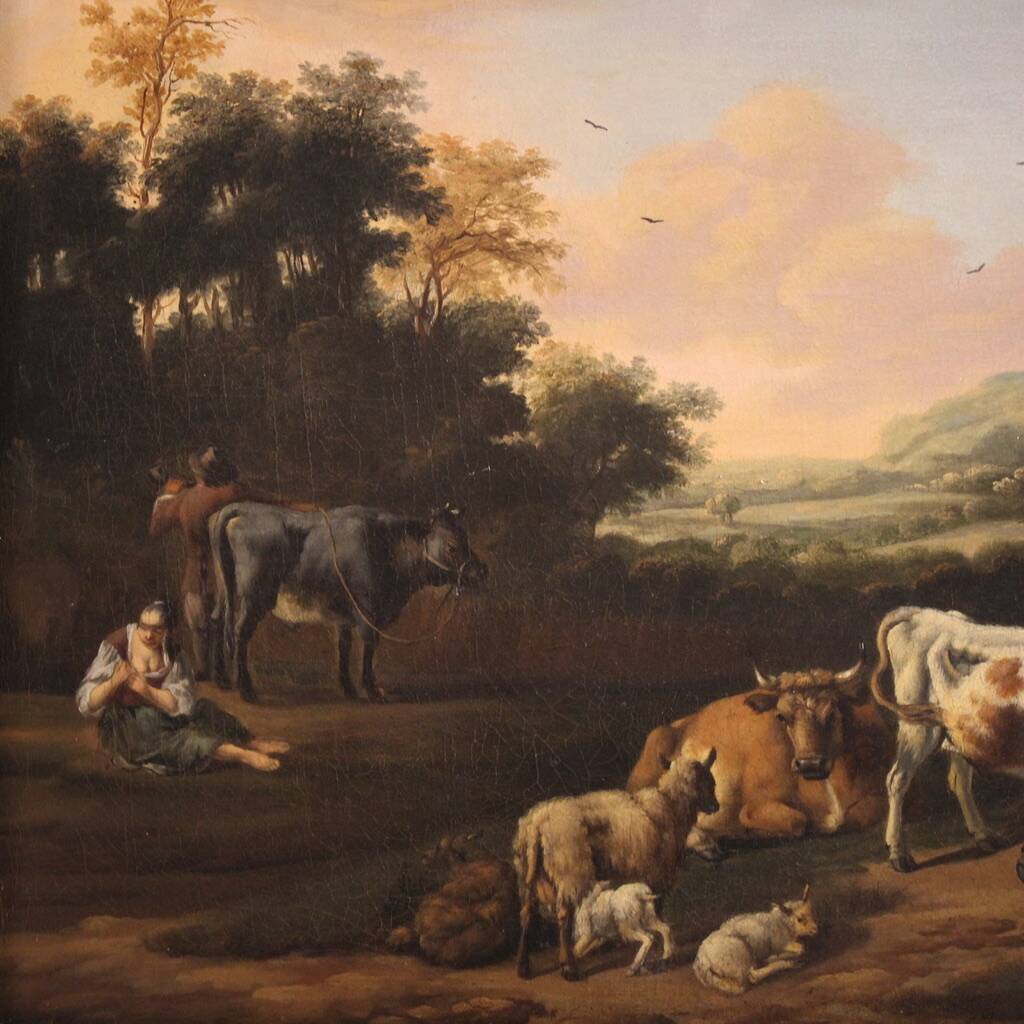 Antique Flemish bucolic landscape painting from the 18th century
