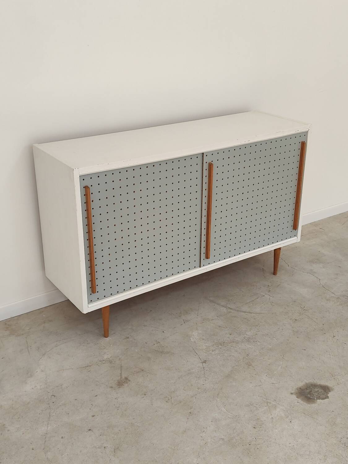 Blue and white chest of drawers by Drevopodnik Brno 1960