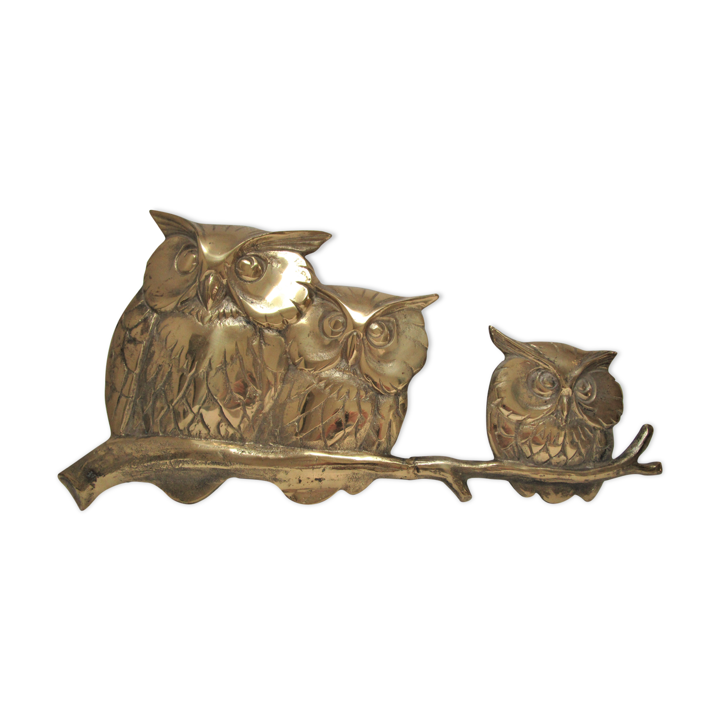 Three owls on a massive brass branch vintage wall decoration