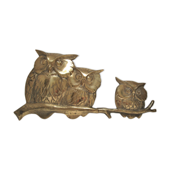 Three owls on a massive brass branch vintage wall decoration