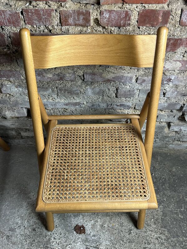 Chaises italiennes pliables (lot de 4) en hêtre et rotin 1980