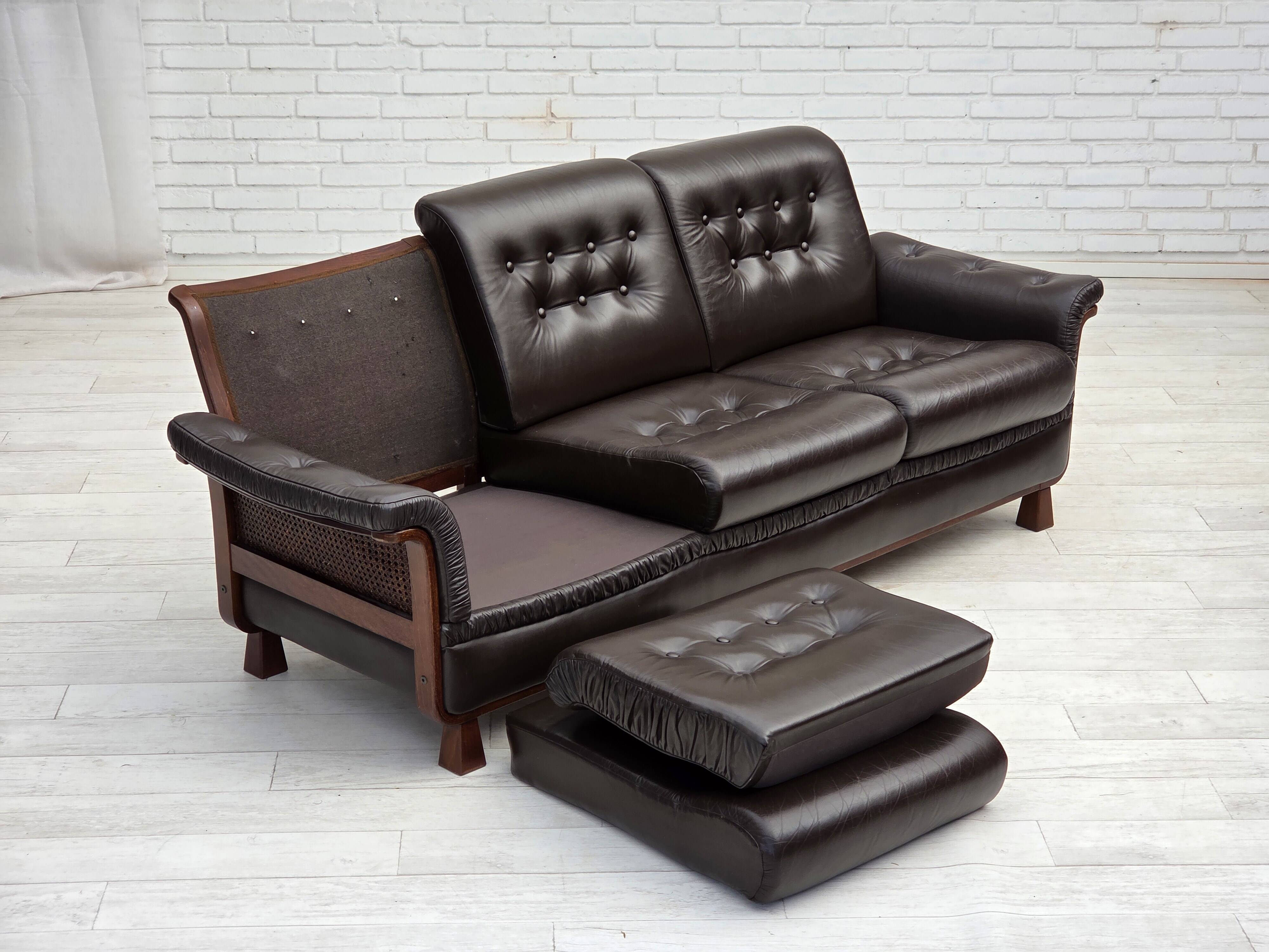 1970s, Scandinavian 3-seater sofa, furniture leather, teak wood legs.