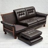 1970s, Scandinavian 3-seater sofa, furniture leather, teak wood legs.