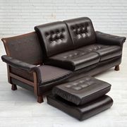 1970s, Scandinavian 3-seater sofa, furniture leather, teak wood legs.