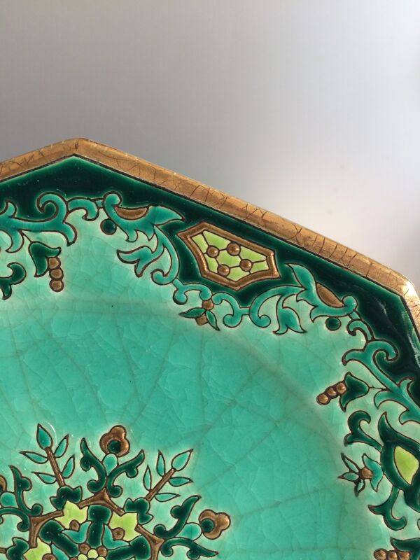 Plat longwy chinoisant art déco emaux vert emeraude