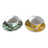 2 tasses et soucoupes vintage motif carreaux jaune et vert