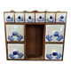 Vintage spice rack wood and earthenware blue decor
